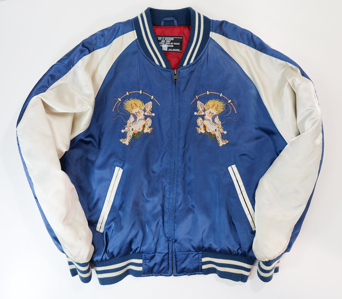 Vintage Jungle Storm Raijin Sukajan Jacket Blue Satin Thunder God Embroidered Japanese Yokosuka Bomber Free Size M-L