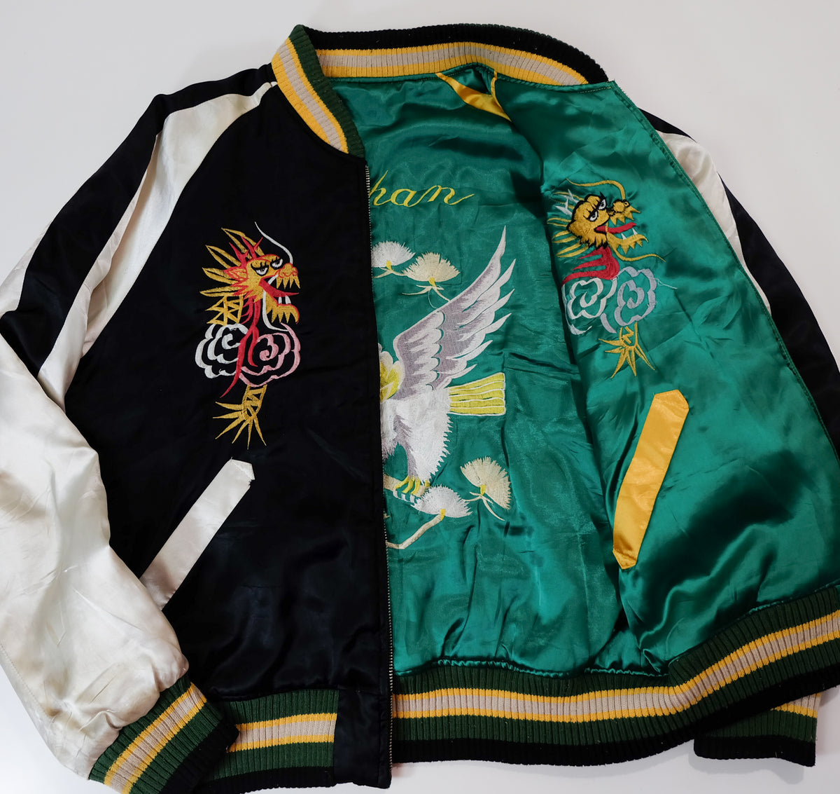 Chaqueta Sukajan reversible vintage, águila de Japón y pino matsu con bordados de dragón y tigre, negro / esmeralda, talla L
