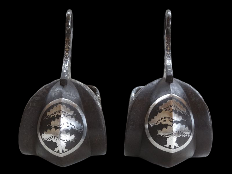 Edo Period Japanese Samurai Abumi Stirrup Pair Silver Inlay Kamon Pine Crest Signed Owari
