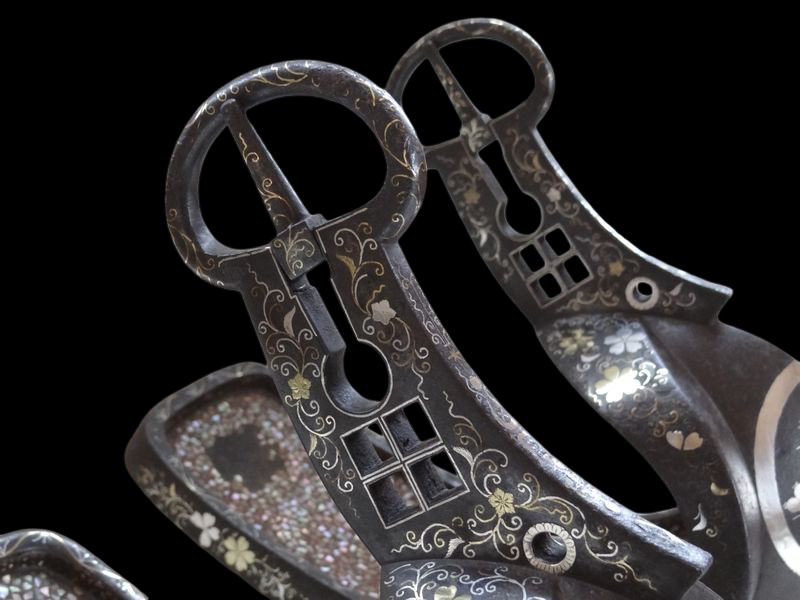 Edo Period Japanese Samurai Abumi Stirrup Pair Silver Inlay Kamon Pine Crest Signed Owari