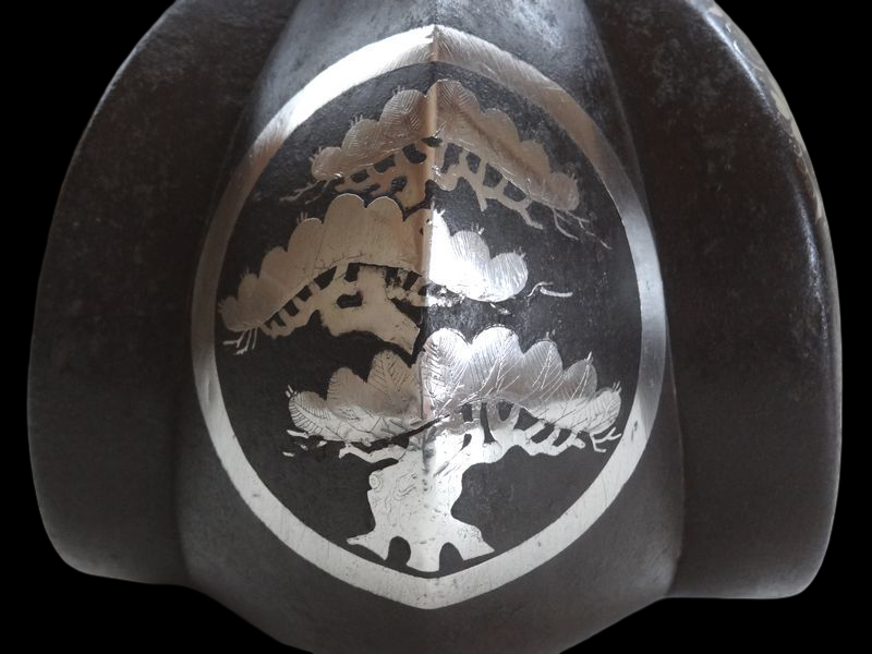 Edo Period Japanese Samurai Abumi Stirrup Pair Silver Inlay Kamon Pine Crest Signed Owari