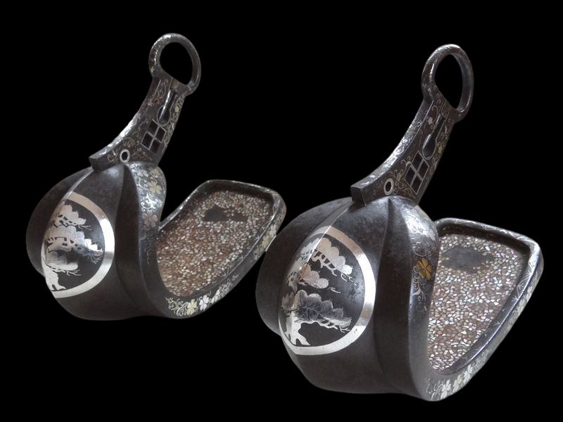 Edo Period Japanese Samurai Abumi Stirrup Pair Silver Inlay Kamon Pine Crest Signed Owari