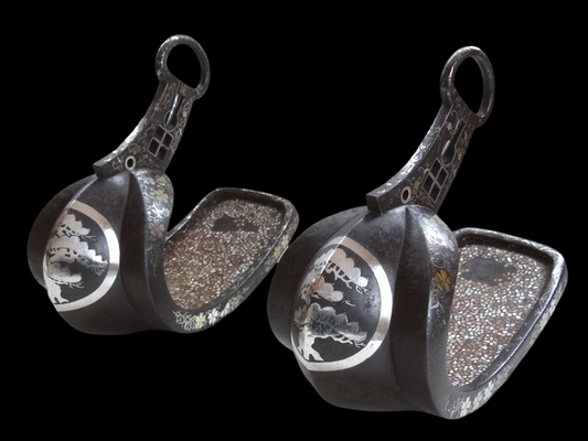 Edo Period Japanese Samurai Abumi Stirrup Pair Silver Inlay Kamon Pine Crest Signed Owari