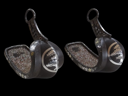 Edo Period Japanese Samurai Abumi Stirrup Pair Silver Inlay Kamon Pine Crest Signed Owari