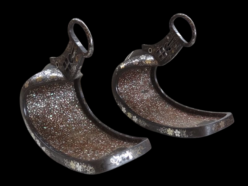 Edo Period Japanese Samurai Abumi Stirrup Pair Silver Inlay Kamon Pine Crest Signed Owari