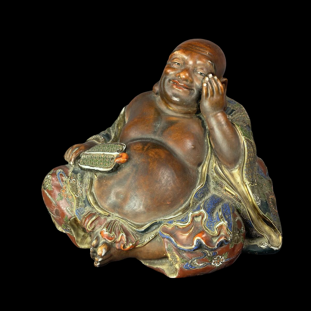 Kutani Ware Hotei Figure | Seven Gods of Fortune | Gilded Polychrome Ceramic Sculpture | Approx. 26 cm