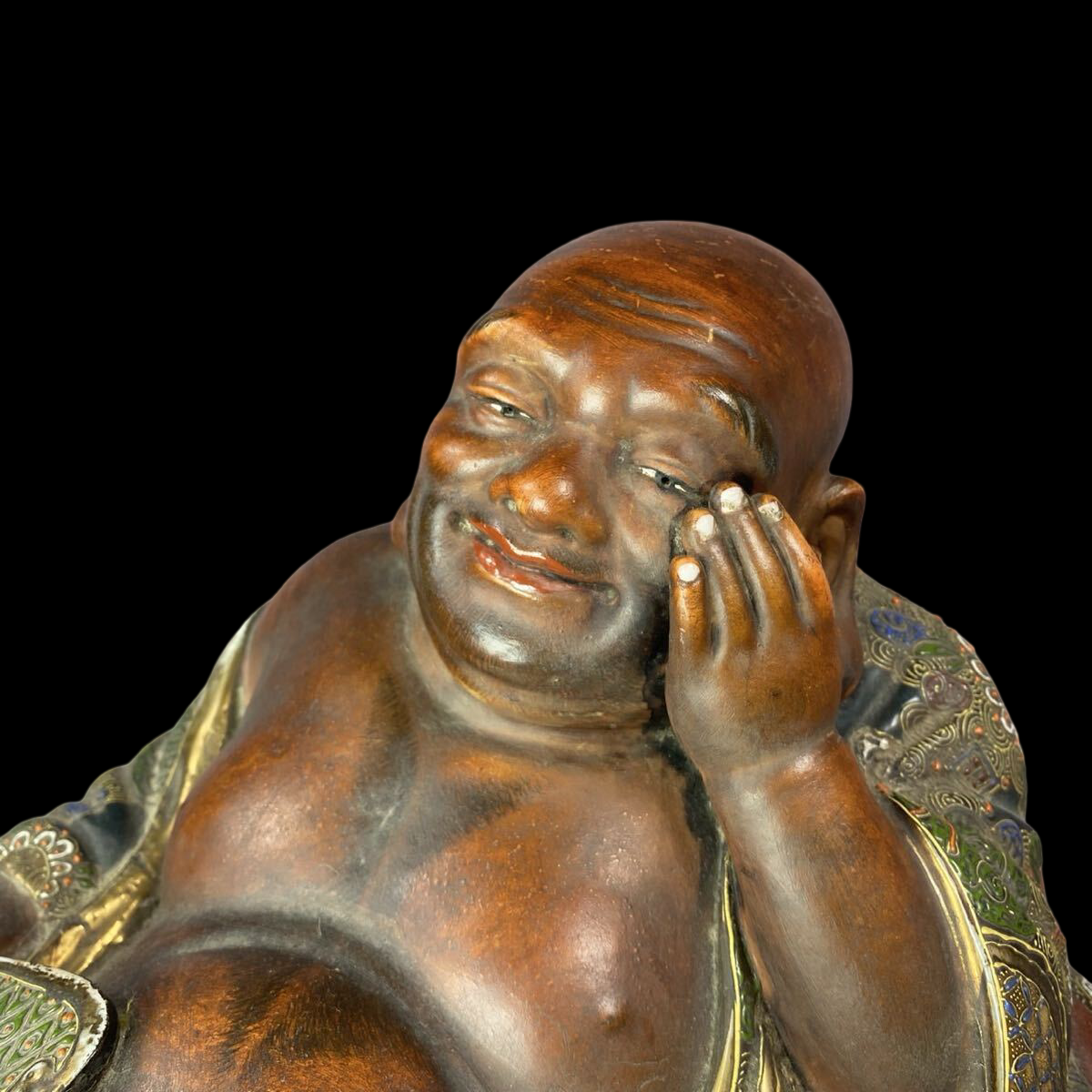 Kutani Ware Hotei Figure | Seven Gods of Fortune | Gilded Polychrome Ceramic Sculpture | Approx. 26 cm