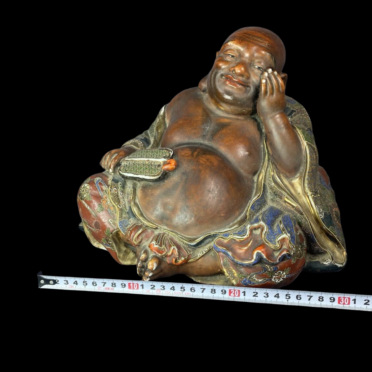 Kutani Ware Hotei Figure | Seven Gods of Fortune | Gilded Polychrome Ceramic Sculpture | Approx. 26 cm