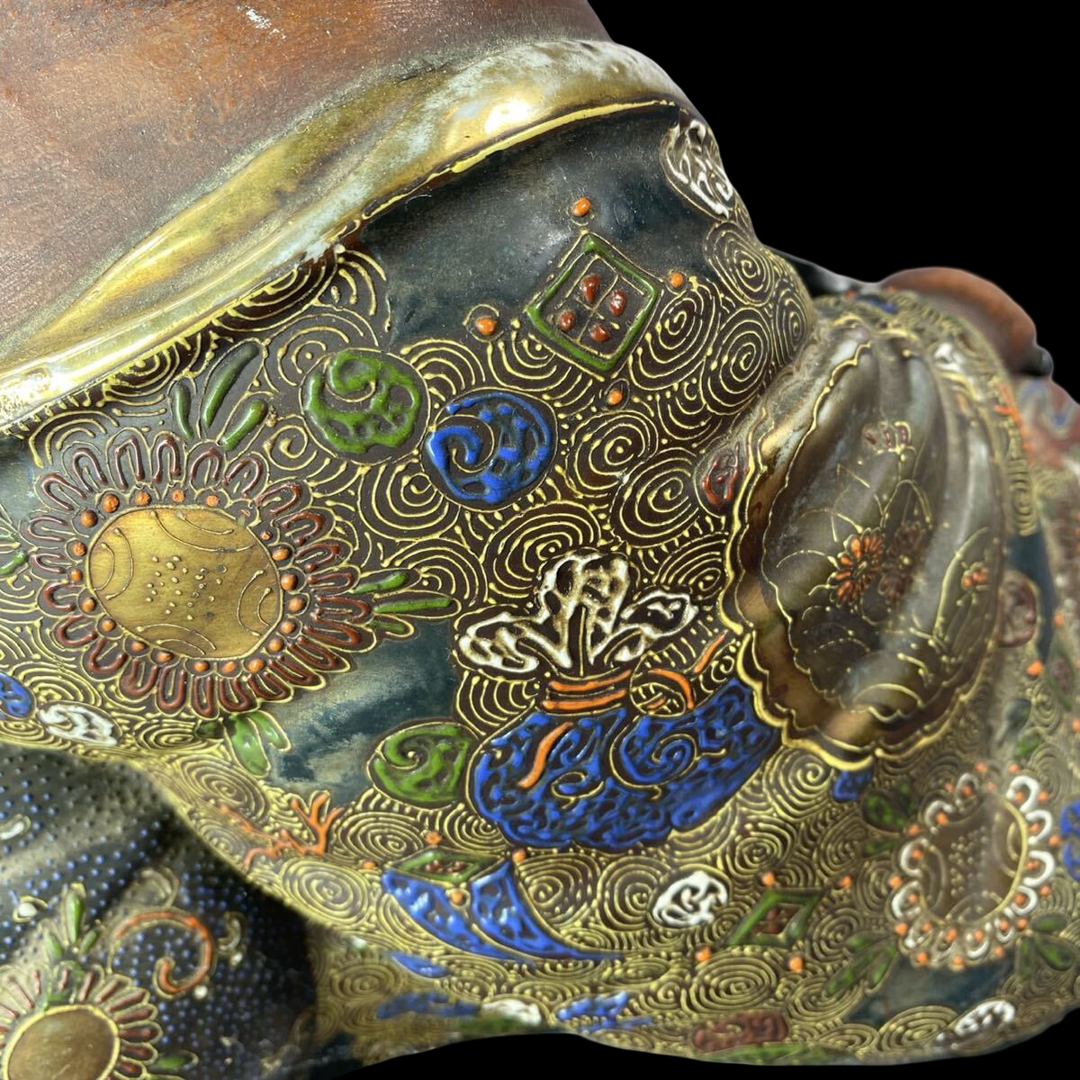 Kutani Ware Hotei Figure | Seven Gods of Fortune | Gilded Polychrome Ceramic Sculpture | Approx. 26 cm