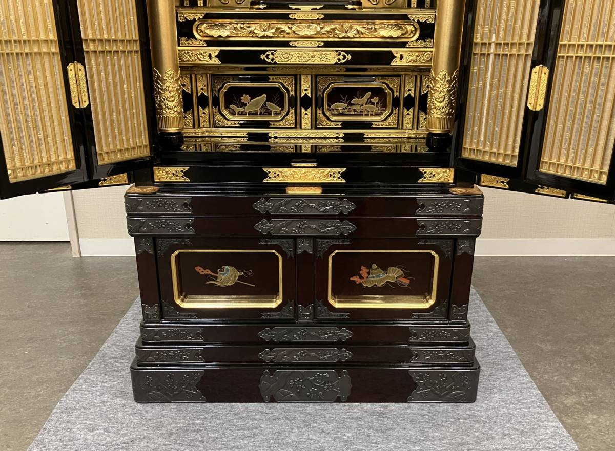 Deadstock Otani-ha Gold Butsudan Altar Cabinet — Two-Tier Guden Architecture, Black Lacquer Exterior & Gold Sanctum (Approx. 161 cm) — Estate-Scale Domestic Shrine