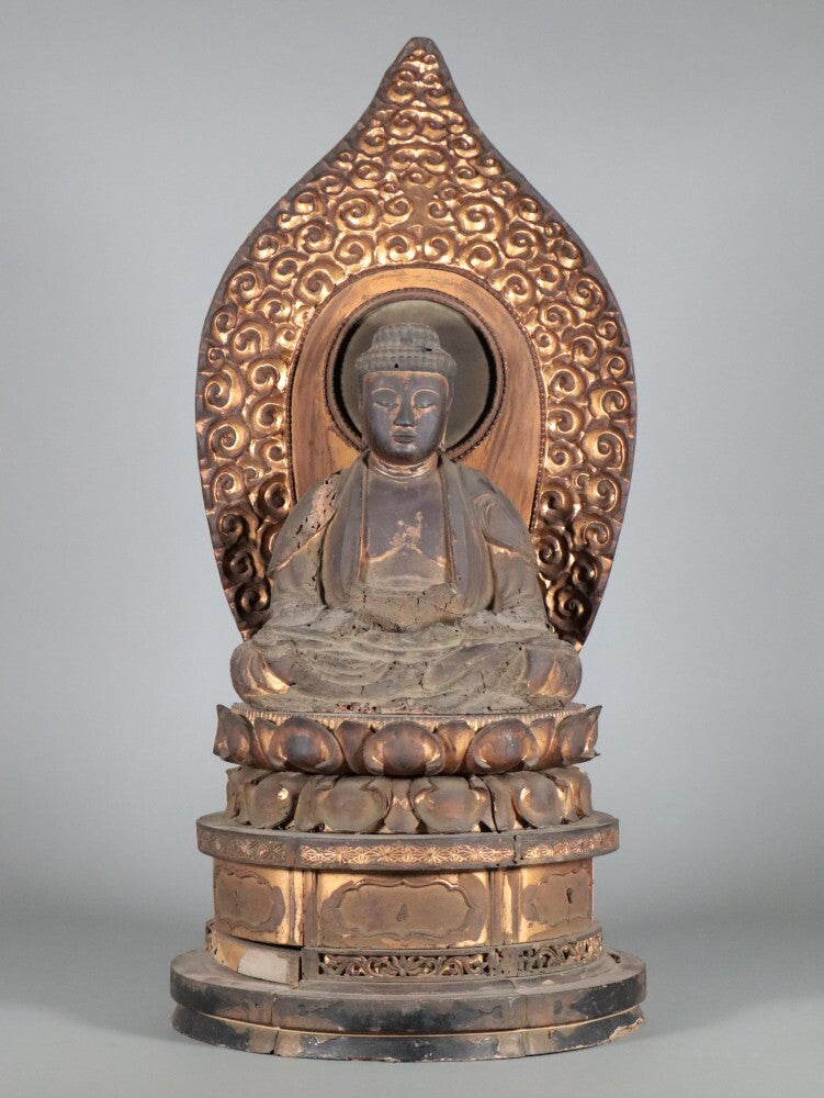 Muromachi-Period Wooden Amida Nyorai — Gilt Polychrome Seated Buddha Sculpture