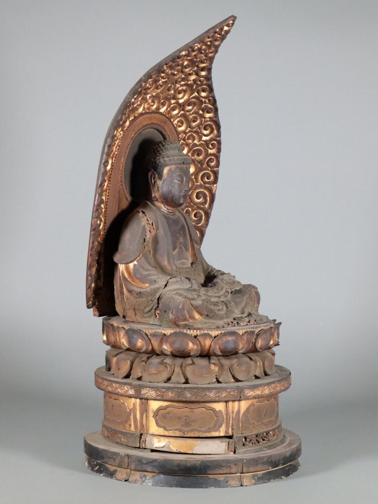 Muromachi-Period Wooden Amida Nyorai — Gilt Polychrome Seated Buddha Sculpture