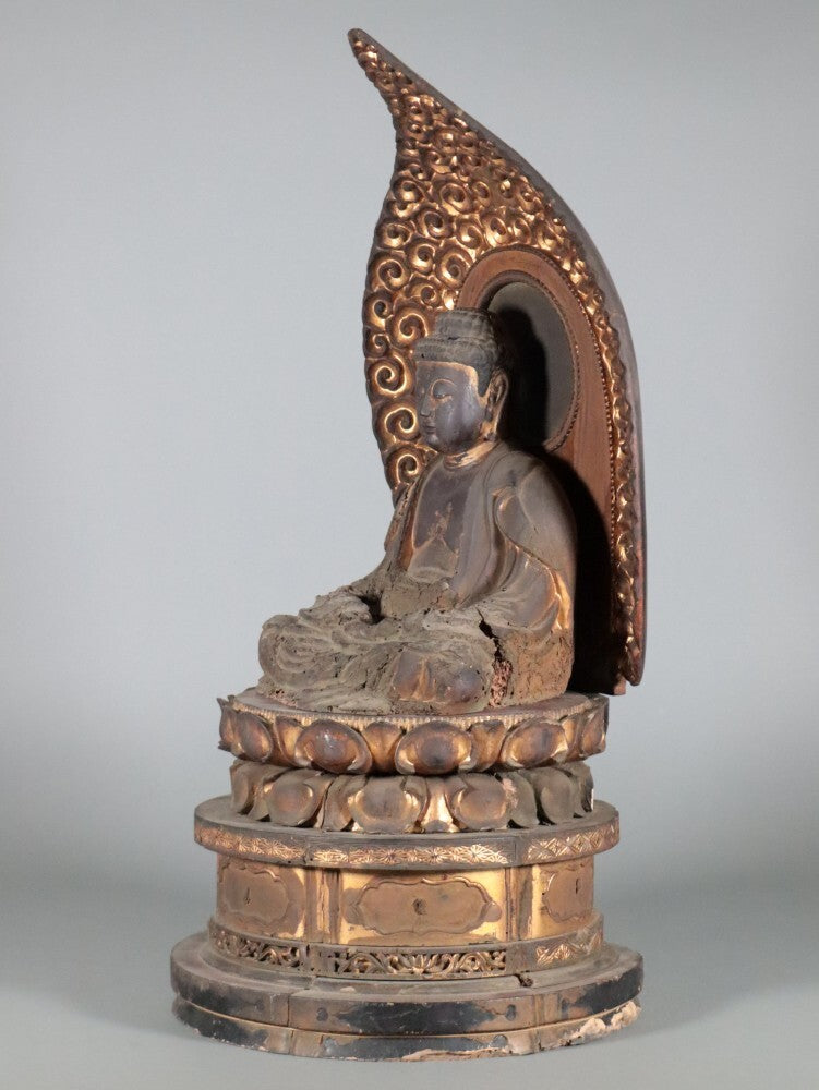 Muromachi-Period Wooden Amida Nyorai — Gilt Polychrome Seated Buddha Sculpture