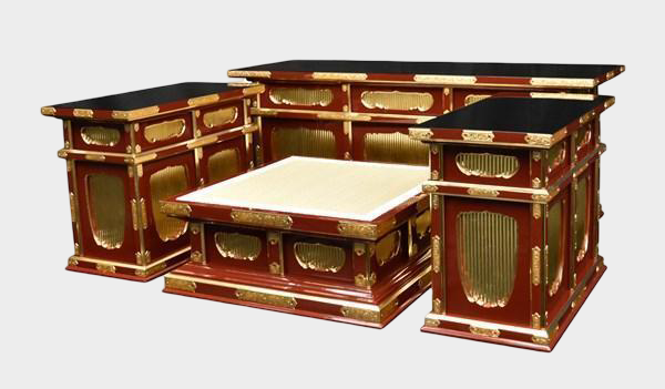 Temple-Grade Lacquer Altar Furniture Set (4-Piece) — Vermilion Cabinetry with Gold-Tone Fittings, 3.5-Scale Platform Configuration