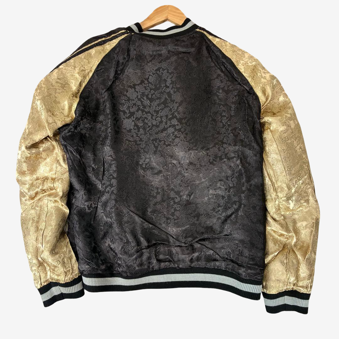 Reversible Japanese Sukajan with champagne gold dragon sleeves and black patterned body. Rare Hanatabi Gakudan school souvenir jacket, Size L.