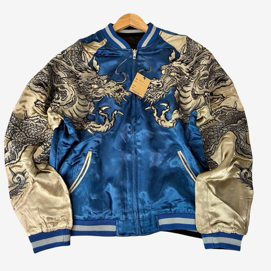 Rare blue and champagne gold Sukajan jacket featuring twin dragon embroidery, reversible satin design with tags, Size L.