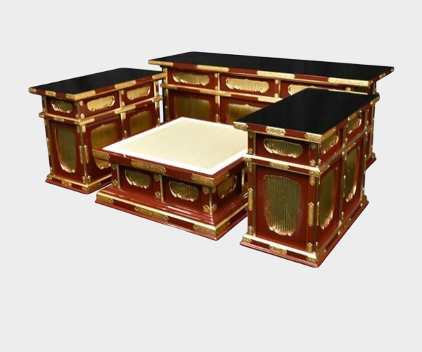 Temple-Grade Lacquer Altar Furniture Set (4-Piece) — Vermilion Cabinetry with Gold-Tone Fittings, 3.5-Scale Platform Configuration
