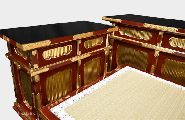 Temple-Grade Lacquer Altar Furniture Set (4-Piece) — Vermilion Cabinetry with Gold-Tone Fittings, 3.5-Scale Platform Configuration