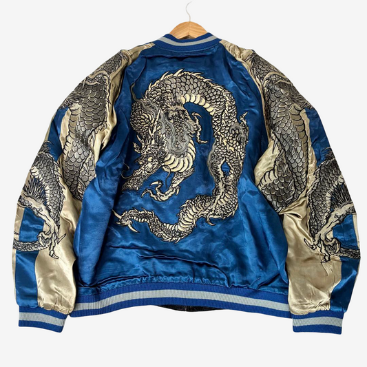 Blue Champagne Gold Sukajan jacket with full-wrap twin dragon embroidery. Rare Hanatabi Gakudan reversible satin souvenir jacket, size L.