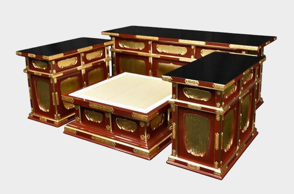 Temple-Grade Lacquer Altar Furniture Set (4-Piece) — Vermilion Cabinetry with Gold-Tone Fittings, 3.5-Scale Platform Configuration