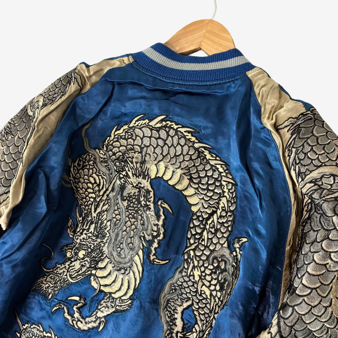 Rare deadstock Hanatabi Gakudan sujan with twin dragon embroidery on blue champagne gold satin. Reversible Japanese souvenir jacket L.