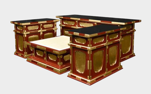 Temple-Grade Lacquer Altar Furniture Set (4-Piece) — Vermilion Cabinetry with Gold-Tone Fittings, 3.5-Scale Platform Configuration
