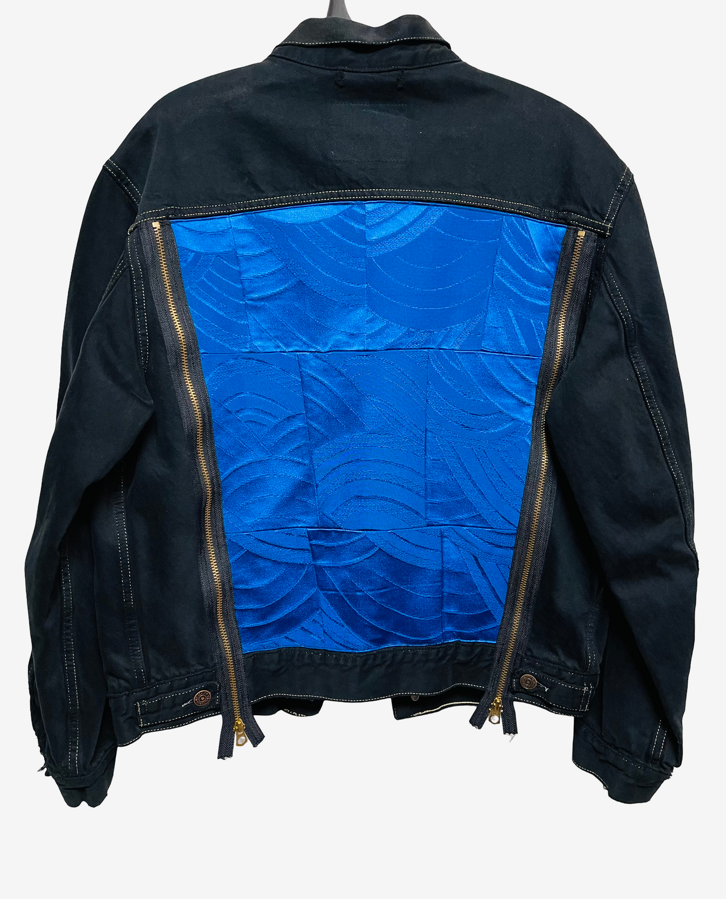 Vintage Levi's Black Denim Jacket with Indigo Seigaiha Silk Panel | Japanese Kimono Remake | One of a Kind Wearable Art | M-L
