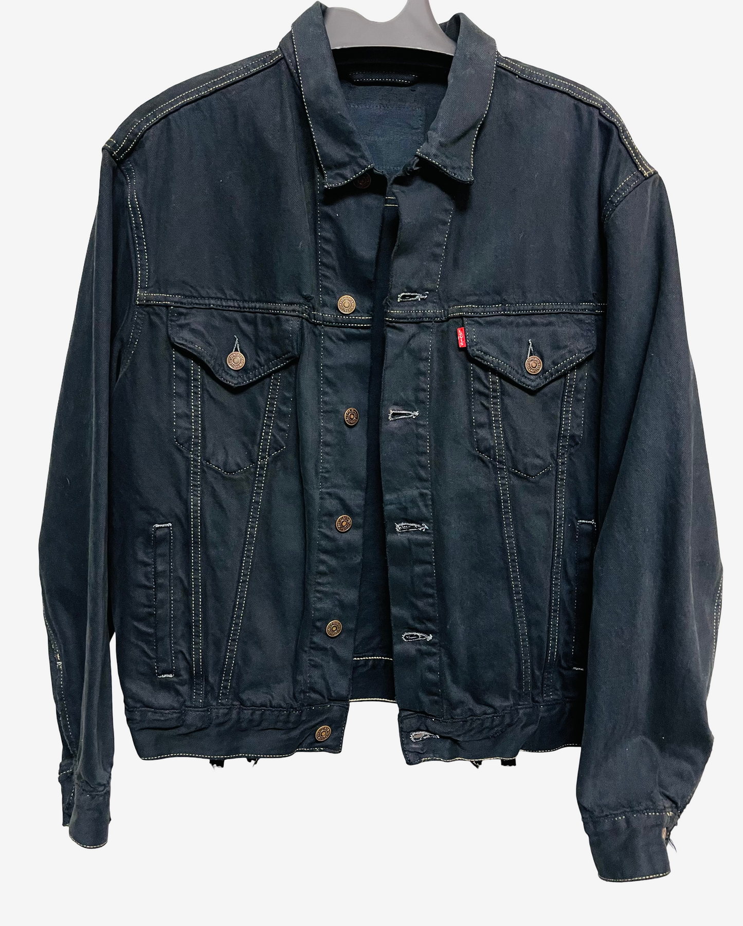 Vintage Levi's Black Denim Jacket with Indigo Seigaiha Silk Panel | Japanese Kimono Remake | One of a Kind Wearable Art | M-L