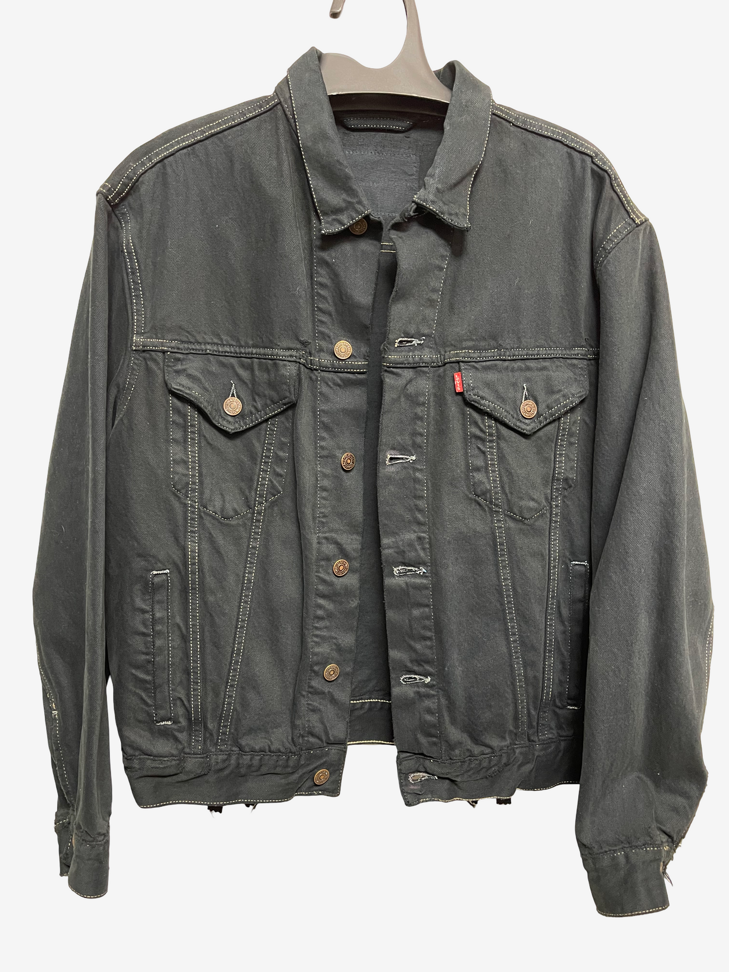 Vintage Levi's Black Denim Jacket with Indigo Seigaiha Silk Panel | Japanese Kimono Remake | One of a Kind Wearable Art | M-L