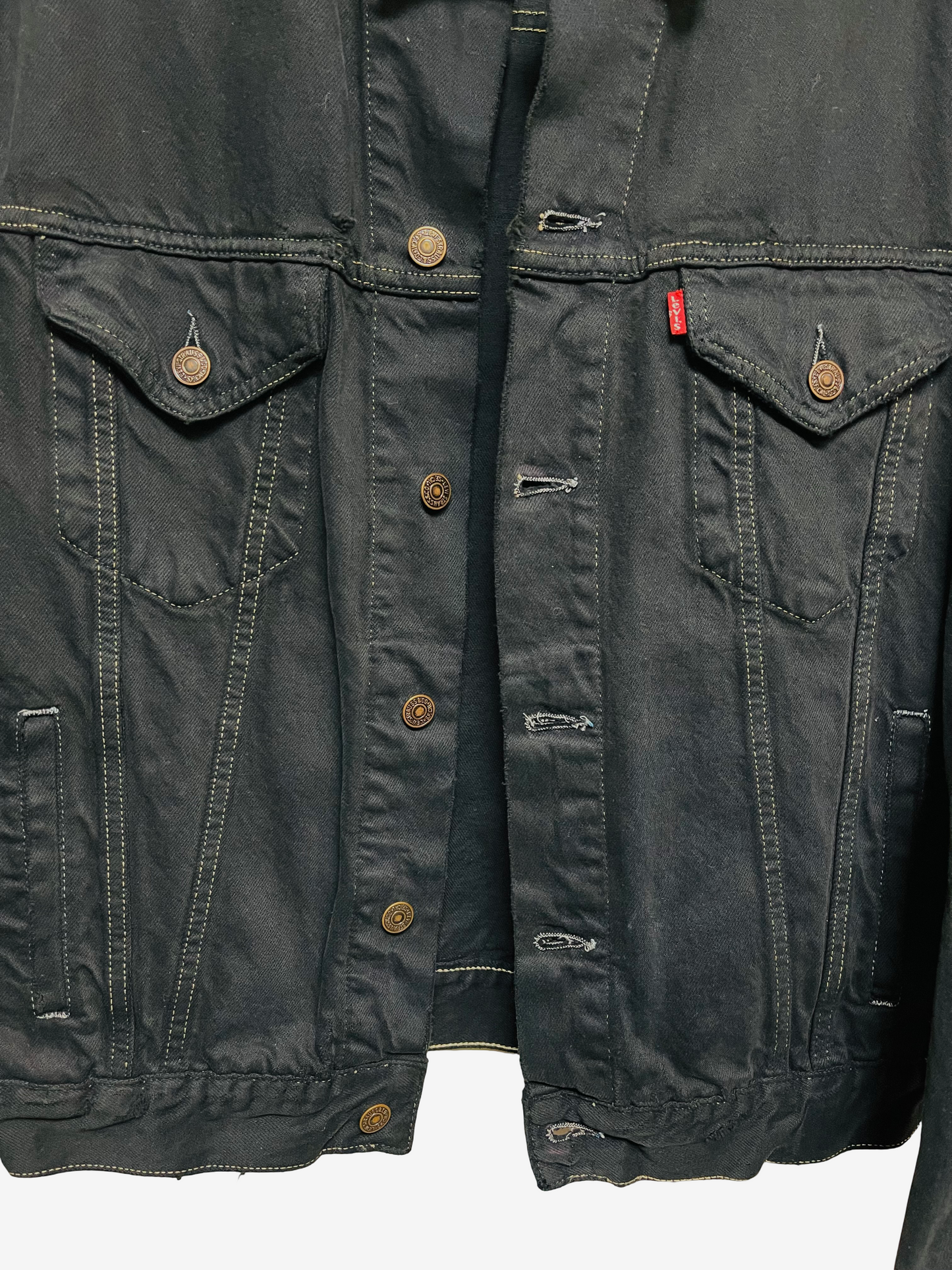 Vintage Levi's Black Denim Jacket with Indigo Seigaiha Silk Panel | Japanese Kimono Remake | One of a Kind Wearable Art | M-L