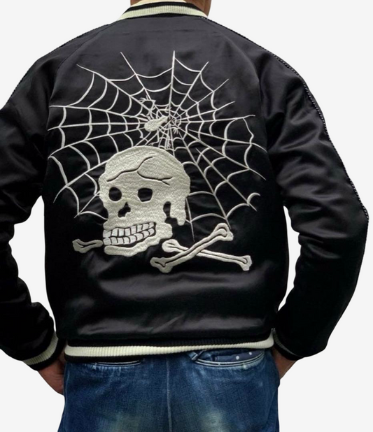 Dry Bones DJ-1186 “Nosarashi” Reversible Sukajan Jacket Skull Spiderweb × Tiger Dragon Rayon Satin Size M / 38