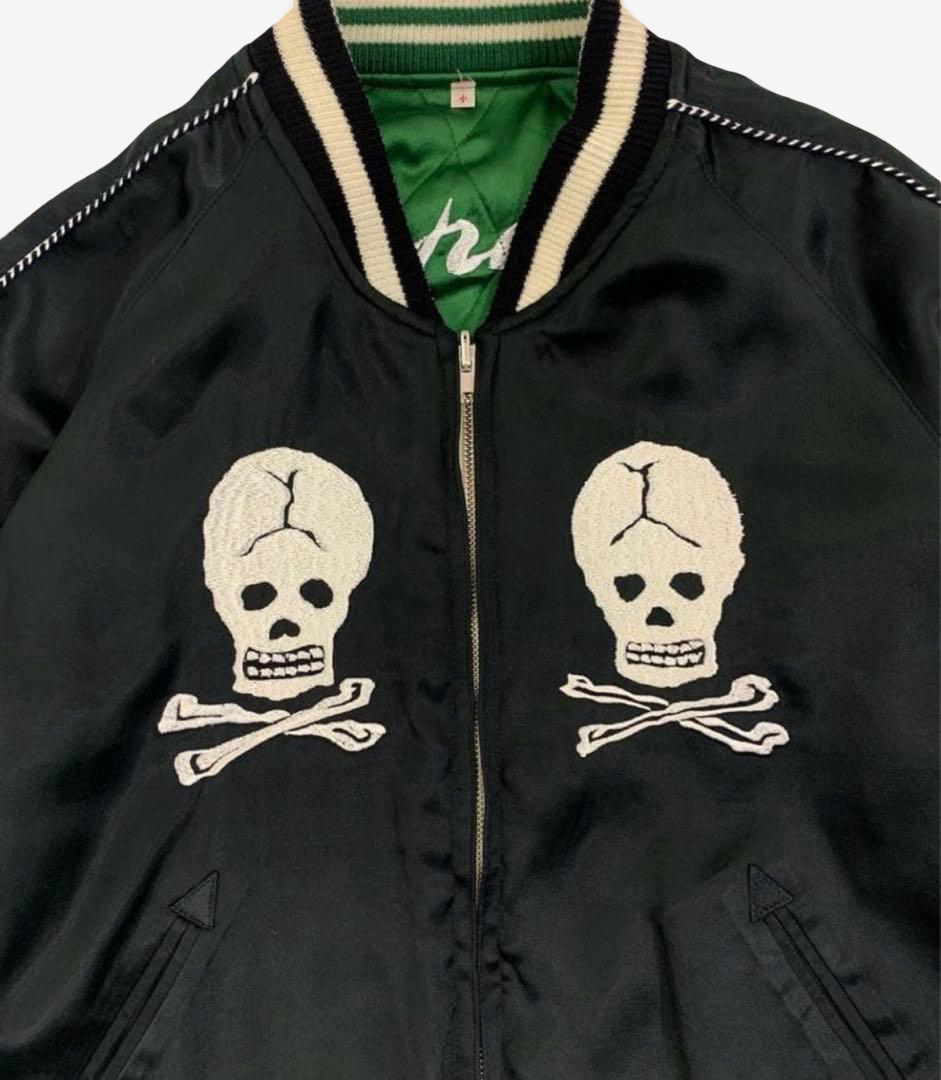 Dry Bones DJ-1186 “Nosarashi” Reversible Sukajan Jacket Skull Spiderweb × Tiger Dragon Rayon Satin Size M / 38