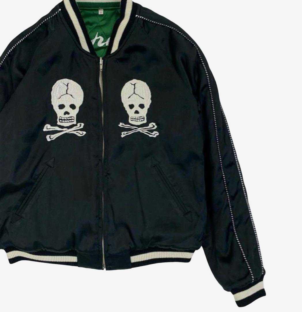 Dry Bones DJ-1186 “Nosarashi” Reversible Sukajan Jacket Skull Spiderweb × Tiger Dragon Rayon Satin Size M / 38