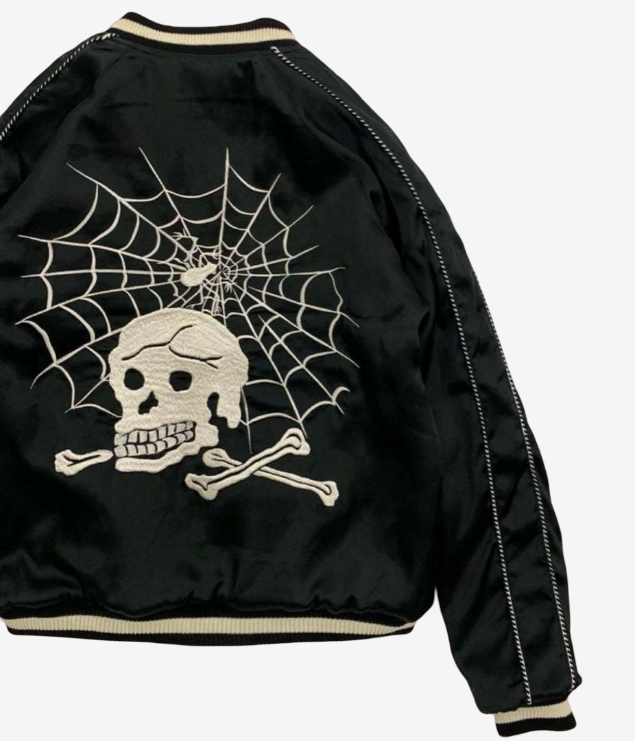 Dry Bones DJ-1186 “Nosarashi” Reversible Sukajan Jacket Skull Spiderweb × Tiger Dragon Rayon Satin Size M / 38