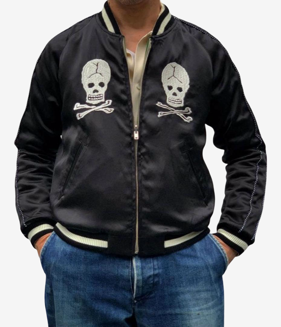 Dry Bones DJ-1186 “Nosarashi” Reversible Sukajan Jacket Skull Spiderweb × Tiger Dragon Rayon Satin Size M / 38