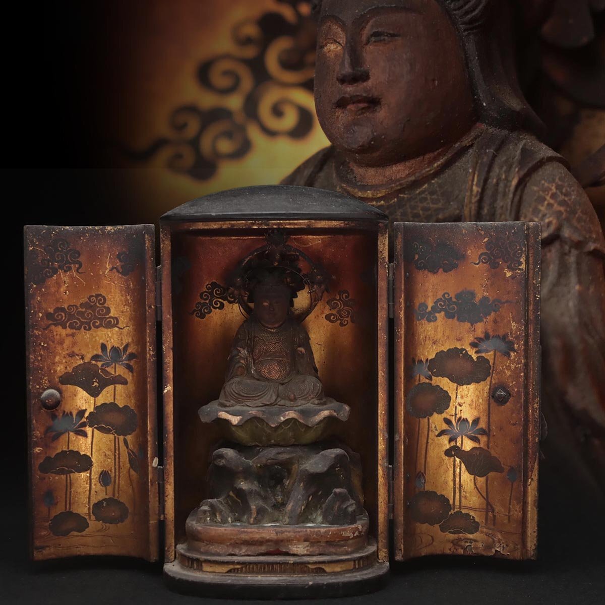 Edo‑Period Zushi Shrine with Benzaiten Statue | Gilt Wood, Painted Interior Panels | Portable Buddhist Shrine | Japan