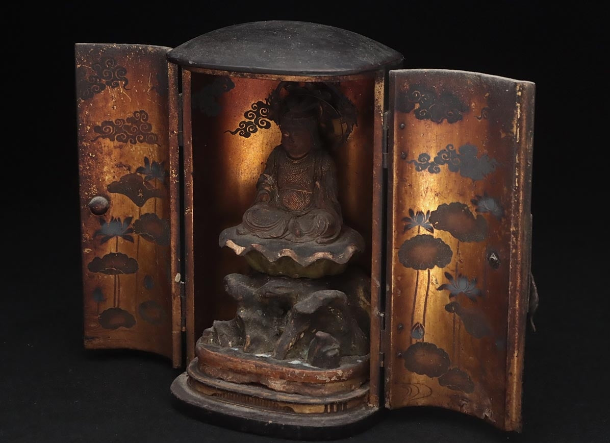 Edo‑Period Zushi Shrine with Benzaiten Statue | Gilt Wood, Painted Interior Panels | Portable Buddhist Shrine | Japan