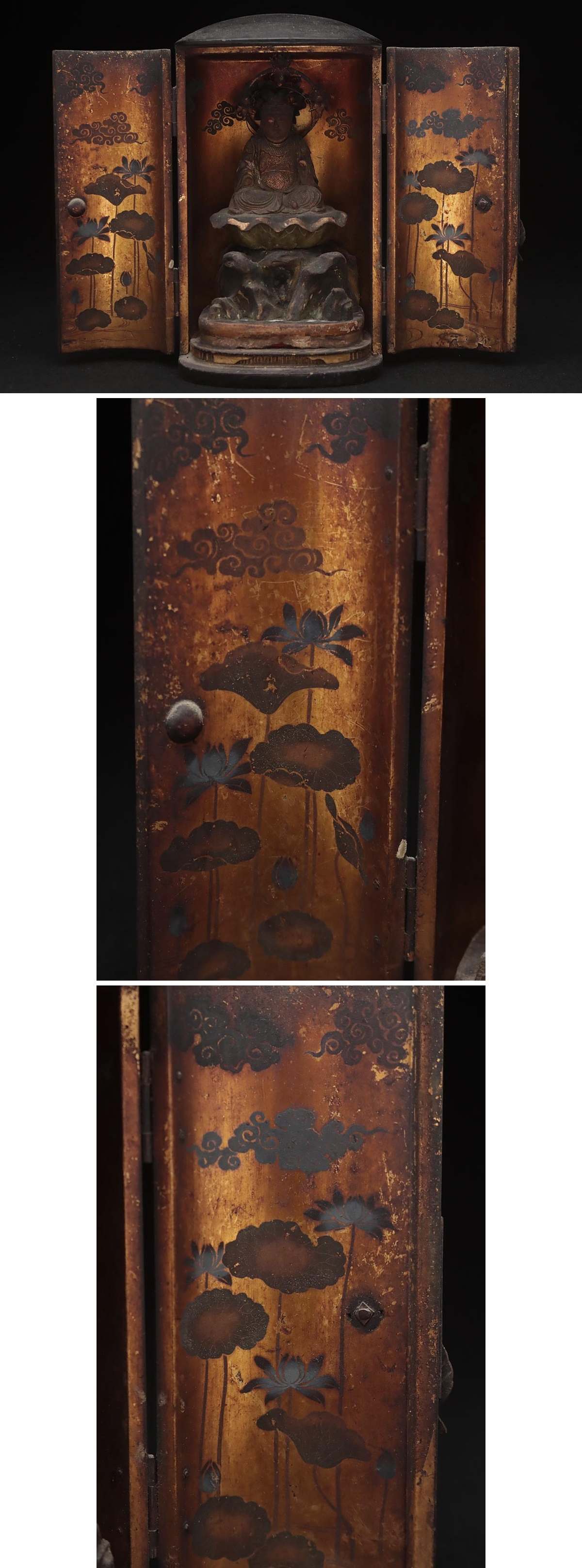 Edo‑Period Zushi Shrine with Benzaiten Statue | Gilt Wood, Painted Interior Panels | Portable Buddhist Shrine | Japan