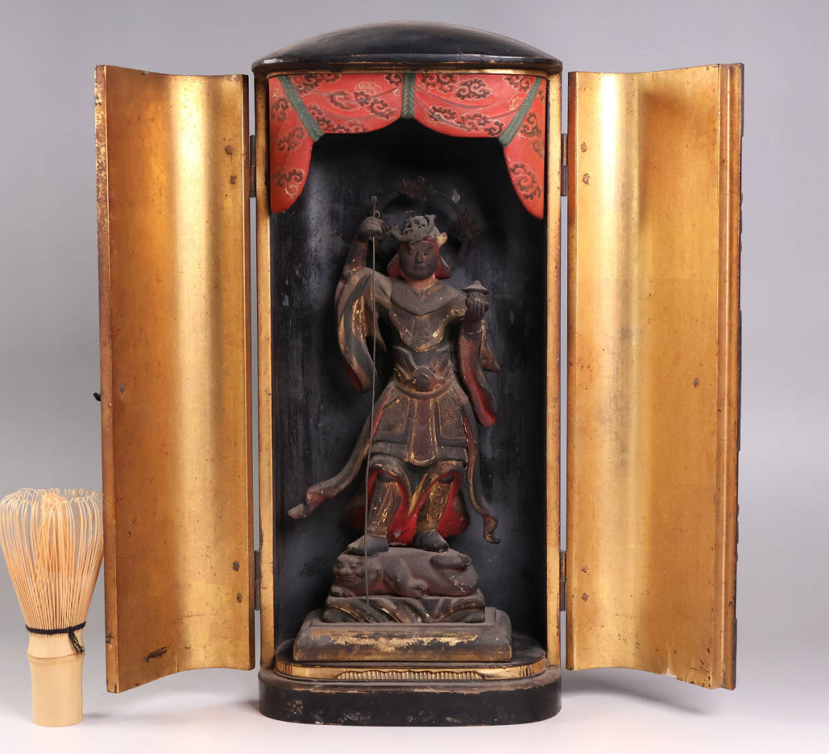 Edo-Period Attributed Bishamonten in Portable Zushi Shrine — Polychrome & Giltwood Guardian King, Temple-Grade Japanese Buddhist Sculpture