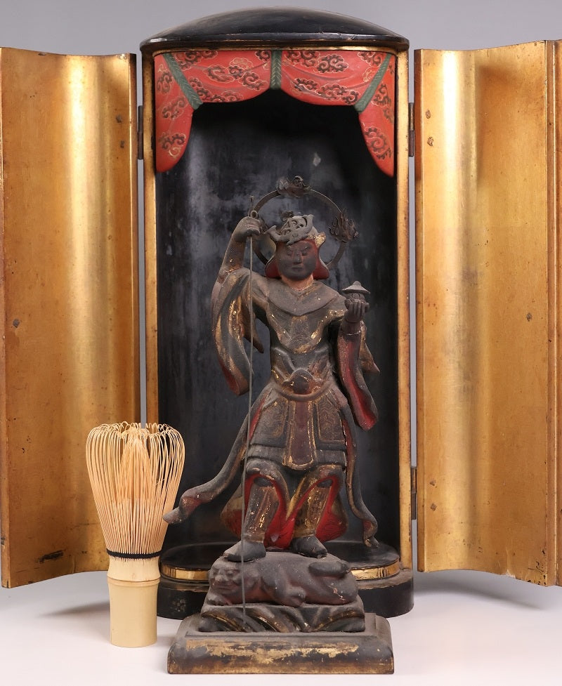 Edo-Period Attributed Bishamonten in Portable Zushi Shrine — Polychrome & Giltwood Guardian King, Temple-Grade Japanese Buddhist Sculpture