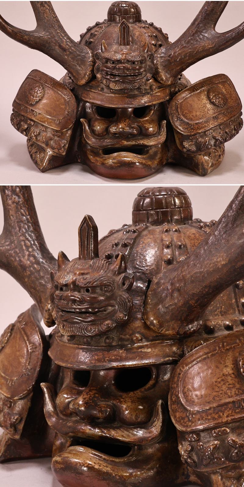 Bizen Yaki Oni Kabuto Okimono Sculpture — Antlered Guardian Helmet Form, Japanese Ceramic Art, Armor-Inspired Ornament (Bizen Ware)