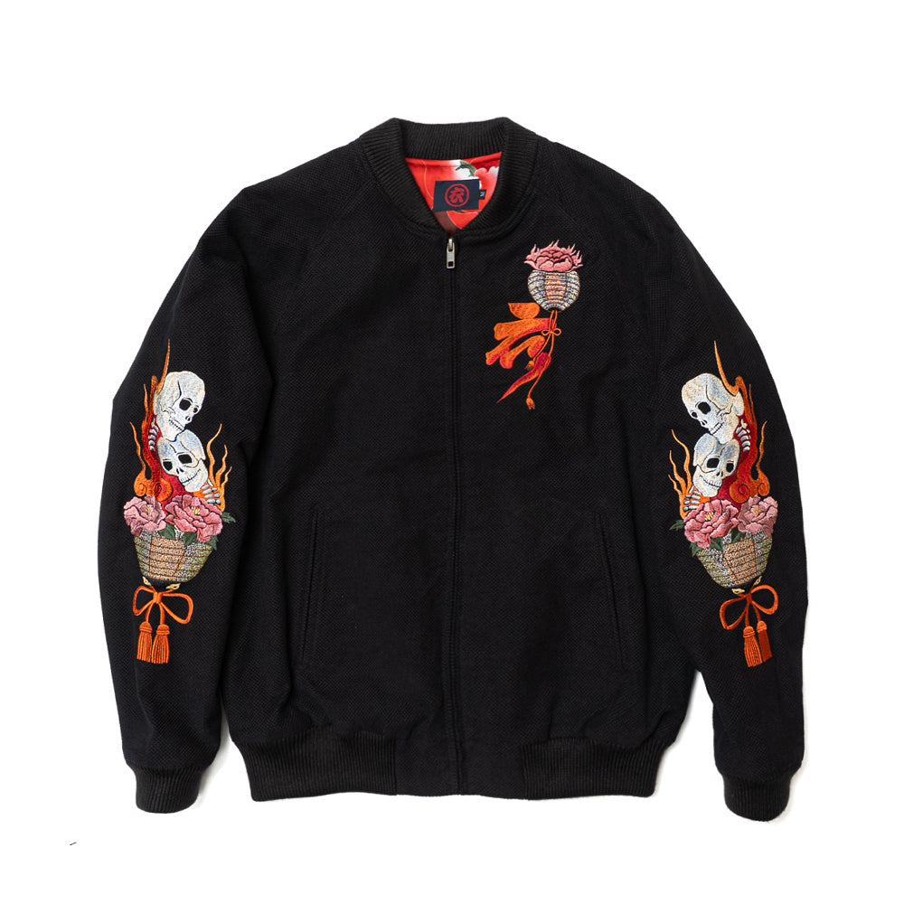 Dope Japonista Japonisme Japonesque Ukiyoe Style Botan Toro Peony Lantern Embroidered Sukajan Jacket Black M L XL (Black)