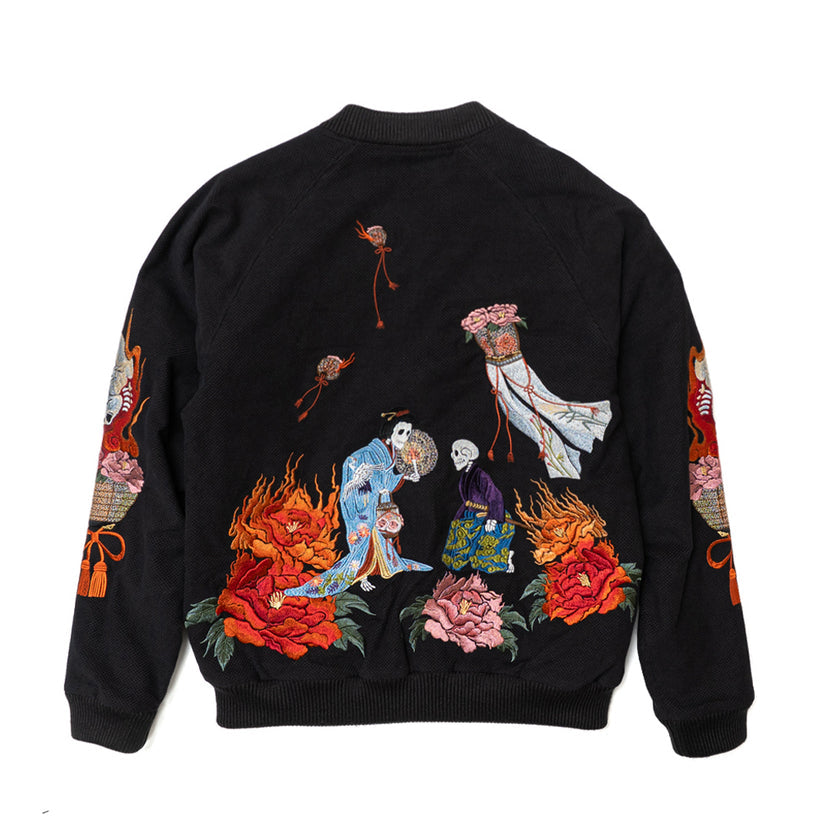 Dope Japonista Japonisme Japonesque Ukiyoe Style Botan Toro Peony Lantern Embroidered Sukajan Jacket Black M L XL (Black)