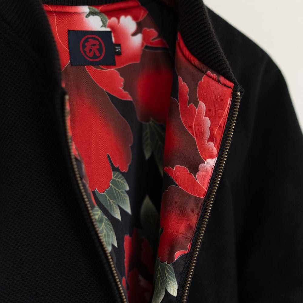 Dope Japonista Japonisme Japonesque Ukiyoe Style Botan Toro Peony Lantern Embroidered Sukajan Jacket Black M L XL (Black)