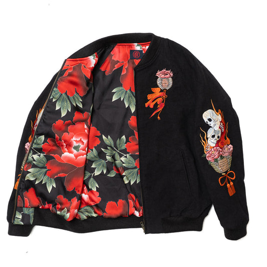 Dope Japonista Japonisme Japonesque Ukiyoe Style Botan Toro Peony Lantern Embroidered Sukajan Jacket Black M L XL (Black)