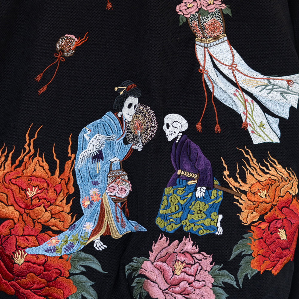 Dope Japonista Japonisme Japonesque Ukiyoe Style Botan Toro Peony Lantern Embroidered Sukajan Jacket Black M L XL (Black)