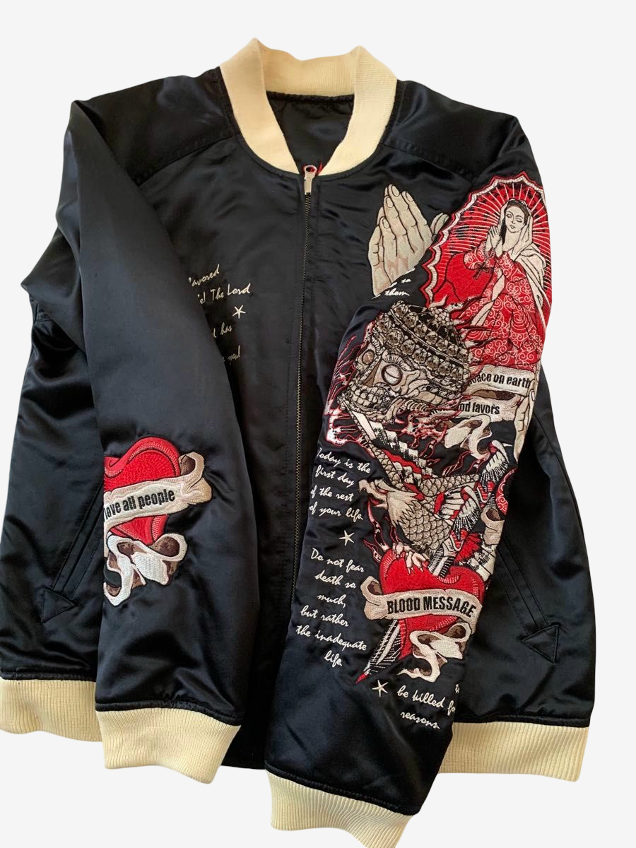 Vintage Tedman Ted Company Blood Message Reversible Sukajan Virgin Mary Skull Tattoo Embroidered Japanese Amekaji Bomber Jacket