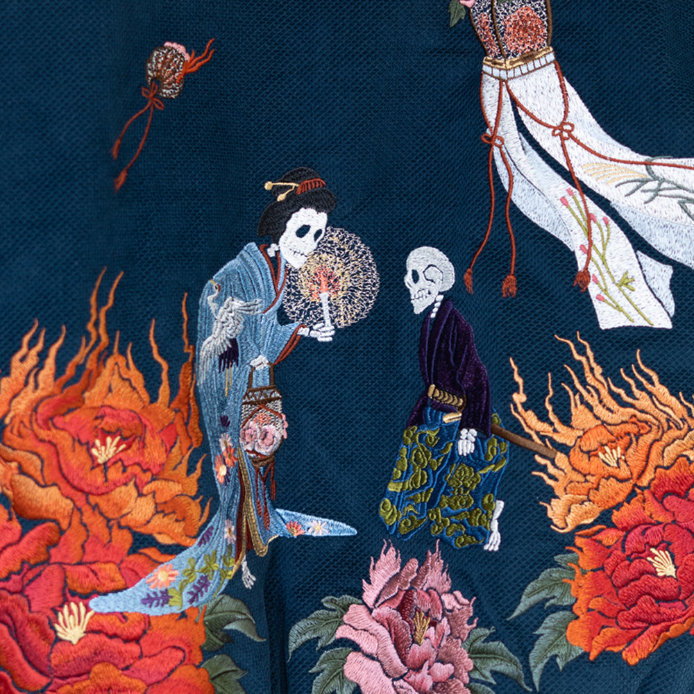 Dope Japonista Japonisme Japonesque Ukiyoe Style Botan Toro Peony Lantern Embroidered Sukajan Jacket Black M L XL (Dark Blue)