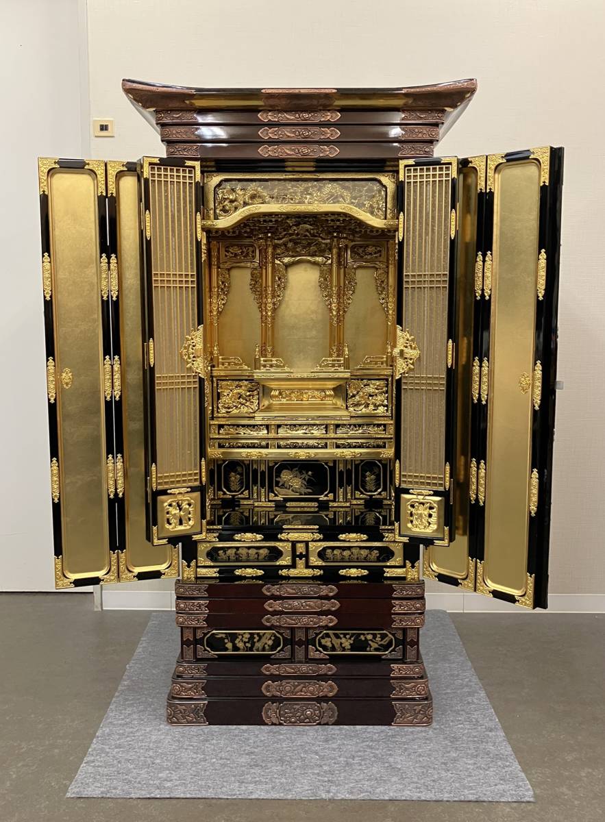 High-Grade Otani-ha Gold Butsudan Altar Cabinet — Two-Tier Guden Sanctuary Architecture, Black Lacquer Exterior & Gold Interior (Approx. 140.8 cm) — Estate-Scale Domestic Shrine