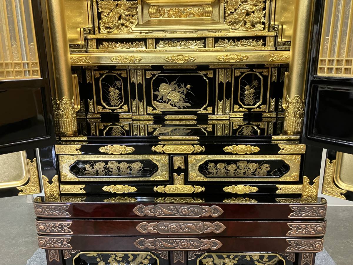 High-Grade Otani-ha Gold Butsudan Altar Cabinet — Two-Tier Guden Sanctuary Architecture, Black Lacquer Exterior & Gold Interior (Approx. 140.8 cm) — Estate-Scale Domestic Shrine